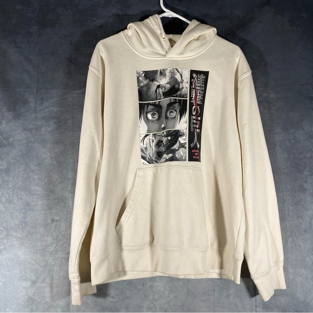 Attack on Titan Mens Hoodie L White Pullover Anime Graphic Sweatshirt